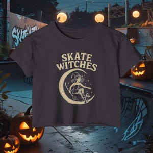 Skateboarding Witch Crop Top, Halloween Festival Tee, Women&#39;s Halloween Shirt, Witchy Halloween Clothing, Halloween Crop Shirt