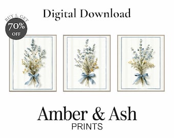 Rustic Blue Floral Bouquet Print Set – Cottage Farmhouse Wall Art (Digital Download)
