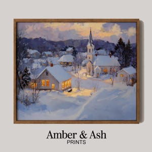 Winter Village at Dusk Print: Snowy Cottage Landscape (Digital Download 144DPI+)