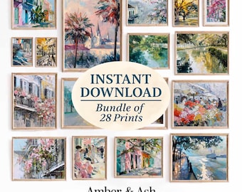 May include: A collection of 28 digital art prints in wooden frames. The artwork features impressionistic paintings of landscapes, buildings, and floral arrangements. The text "INSTANT DOWNLOAD" and "Bundle of 28 Prints" are displayed. The shop name "Amber & Ash PRINTS" is also visible.