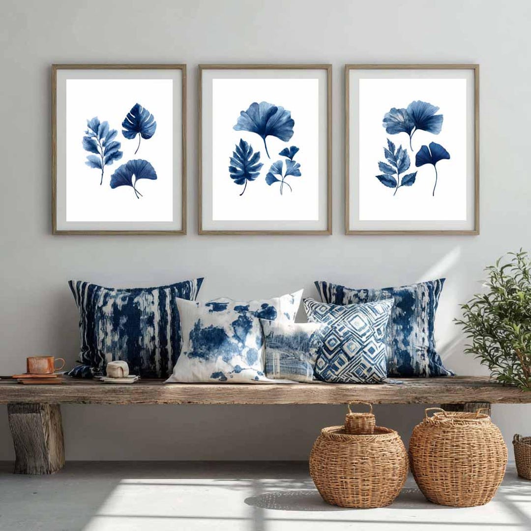 Blue Leaves Watercolor Print Set, Botanical Wall Art (digital Download ...