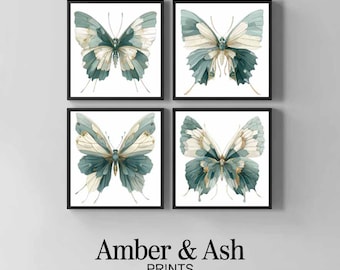 Sage Green Butterfly Print Set, Botanical Wall Art (Digital Download)