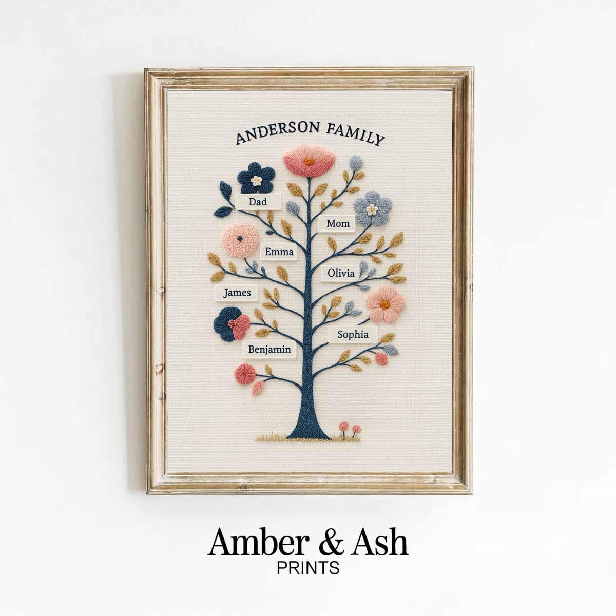 Personalized Family Tree Print • Embroidered Style Heirloom Artwork - Etsy