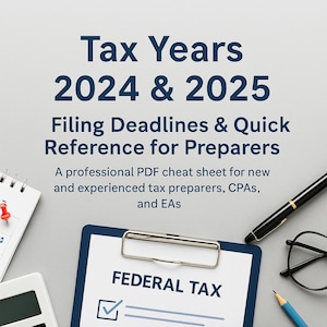 May include: An image featuring tax preparation essentials. A clipboard with "FEDERAL TAX" and check boxes is next to a calculator, notepad, pen, and glasses. The text at the top says "Tax Years 2024 & 2025" and "Filing Deadlines & Quick Reference for Preparers."