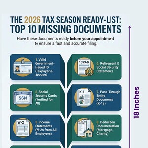 2026 Wall Poster Tax Season Client Ready Checklist | Top 10 Missing Tax Documents | Tax Prep Reference | Accountant Home Office Poster12x18