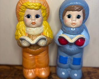 Vintage Ceramic Christmas Carolers – Boy & Girl Figurines in Snowsuits, Hand-Painted Holiday Decor, 1980s Collectible