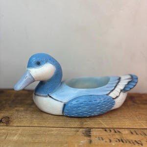 May include: A ceramic duck planter in shades of blue and white. The duck has a light blue head and body with darker blue accents on the wings and sides. The planter has an open top for planting.