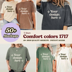 Puede incluir: Una colección de maquetas de camisetas en varios colores, incluyendo beige, marrón, carbón, verde oliva y crema. Cada camiseta presenta el texto "Your design here" en un diseño en forma de diamante. La imagen también incluye el texto "50+ Mockups" y "Comfort colors 1717".
