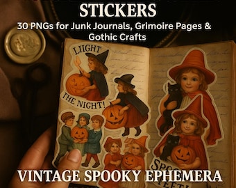 May include: A collection of Victorian Halloween stickers featuring vintage illustrations of children in pointed hats holding pumpkins and black cats. The text reads VICTORIAN HALLOWEEN STICKERS, 30 PNGs for Junk Journals, Grimoire Pages & Gothic Crafts, VINTAGE SPOOKY EPHEMERA, and TRANSPARENT PNGs.