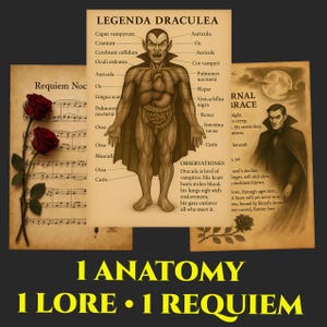 May include: A collection of three vintage-style prints. The central print features a detailed anatomical illustration of Dracula, with labels in Latin. The other prints include sheet music and a portrait of a man in a cape. The bottom of the image reads "1 ANATOMY 1 LORE • 1 REQUIEM."
