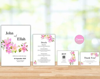 Elegant Flower Wedding Invitation Suite | Printable & Editable Canva Template