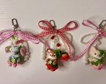 Calico critter strawberry series! Super cute bagcharms/keychains for this upcoming summer! -calico critters- authentic -strawberry -picnic