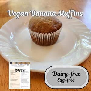 May include: A single vegan banana muffin on a white plate. The muffin is in a paper liner. Text on the image reads "Vegan Banana Muffins", "Dairy-free", and "Egg-free". A preview of a recipe is also visible.