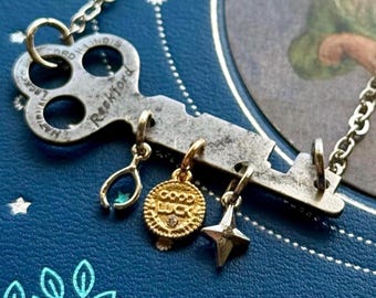 Vintage Cash Register Rockford Key Necklace, “Lucky” Charms: Wishbone, Good Luck Pendant, Star