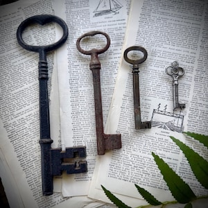 May include: Four antique metal keys of varying sizes and finishes are arranged on a background of vintage dictionary pages. The keys feature distinct bow shapes, including heart-shaped and oval designs, with visible rust and dark patina.