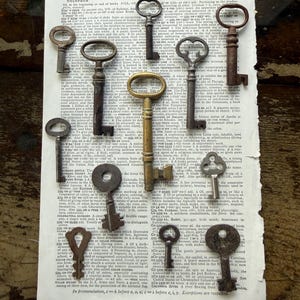 May include: A collection of twelve antique metal keys of varying sizes and designs, including iron, steel, and brass finishes, arranged on a page from an old dictionary with printed text columns visible beneath the keys.