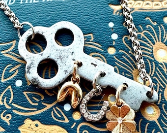 Vintage Cash Register Key, Lucky Charm Necklace: Fortune Cookie, Horseshoe, Clove