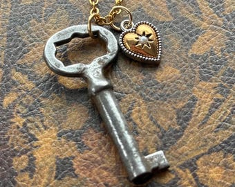 Vintage Skeleton Key Necklace with Heart Charm, 18K Gold Plated Chain | Repurposed Antique Key Jewelry