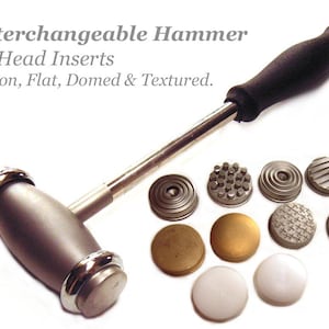 May include: Interchangeable hammer with a black handle and a silver head. The hammer comes with 12 head inserts, including nylon, flat, domed, and textured.