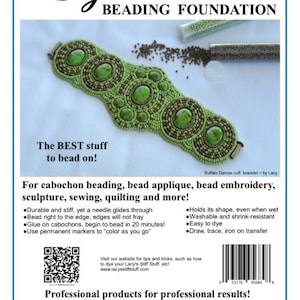 May include: An advertisement for Lacy's Stiff Stuff beading foundation. The image features a beaded bracelet with green and brown beads and cabochons. Text includes "The BEST stuff to bead on!" and product details for beading, applique, embroidery, and more.