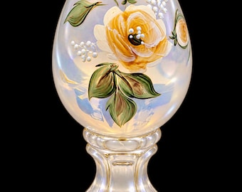 Ornate Opalescent Floral Egg on Pedestal, hand painted by S Smith