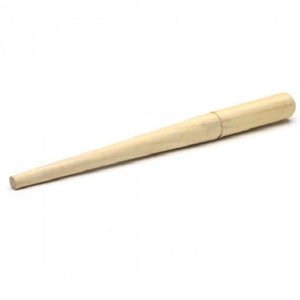 May include: A light-colored wooden ring sizer tool. The tool is tapered, with a rounded end and a thinner, cylindrical tip. The wood has a natural, unpainted finish. The tool is designed for measuring ring sizes.