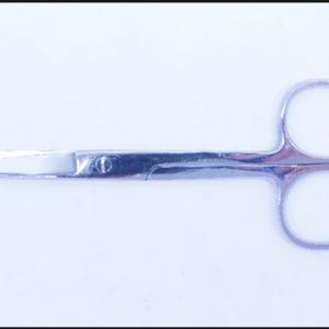 May include: A pair of small, silver-colored scissors with rounded finger holes. The blades are straight and sharp, designed for precision cutting. The scissors are likely used for crafting or medical purposes.