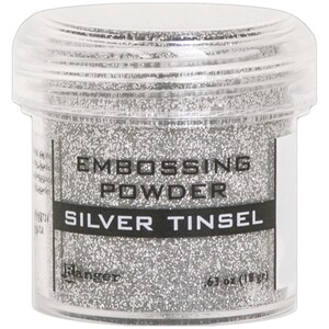 Op de afbeelding: Een doorzichtige plastic pot met zilveren glitter embossing poeder. Het etiket vermeldt "Embossing Powder Silver Tinsel" en "Ranger 0,63 oz (18 gr)"