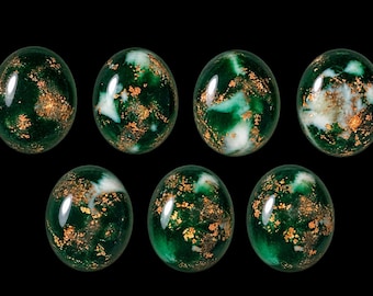 Set of 152 10x12mm vintage plastic cabochons green, white and gold.