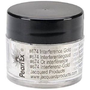 May include: A small, round jar of Pearl Ex #674 Interference Gold paint. The jar is silver with black lettering and a black lid. The label includes the product name, color number, and website address.