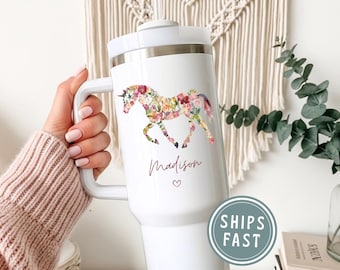 Floral Horse Tumbler, Horse Travel Mug, Horse Gifts for Girls, Custom Horse Tumbler, Horse 40oz Tumbler With Handle, Horse Lover Gifts