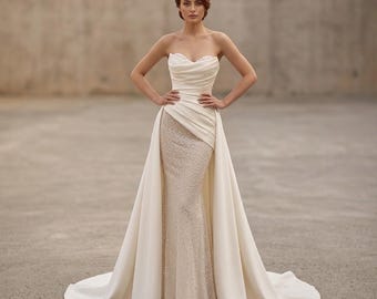 Customized Strapless Sweetheart Sheath Wedding Dress | Sequined Lace Soft Satin Bridal Gown | Lace Up Back Court Train Vestido de Novia