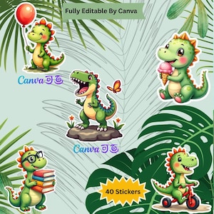 Pacote de adesivos de dinossauro fofos — adesivos de dinossauro coloridos e divertidos para crianças, planejadores, scrapbooking, lembrancinhas de festa – modelo editável do Canva incluído