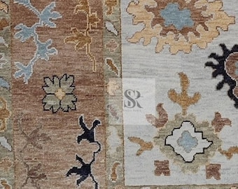 Alfombra Oushak de lana anudada a mano, alfombra de área color marfil beige, alfombra de lana turca, alfombra floral neutra, alfombra de estilo vintage hecha a mano