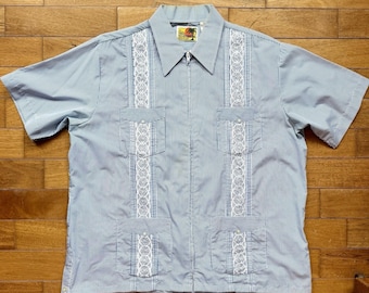 Camicia da matrimonio messicana Haband Guayabera originale anni '60/'70, taglia XL, blu e bianca.