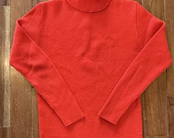 VTG 60s Burnt Orange Ribbed Velma Mock Turtleneck Sweater Back Zip Women Sz L