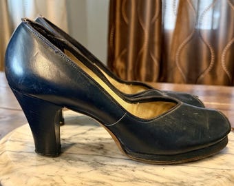 Zapatos de baile rockabilly swing de cuero azul marino con puntera abierta, estilo años 40, con tacón de 7,6 cm.