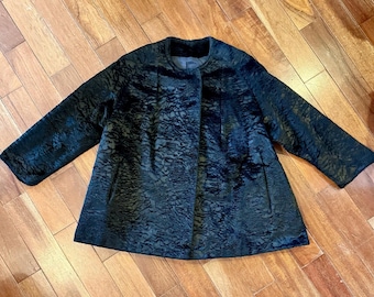 VTG 1950s Curly Persian Astrakhan Faux Lambs Wool Black Swing Coat Women Sz M
