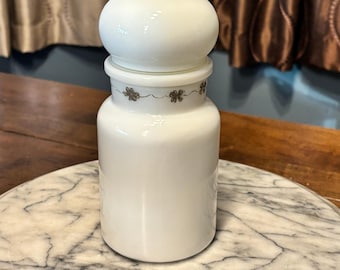 VTG 60s MCM Belgium White Milk Glass Apothecary Storage Jar Bubble Top Clover