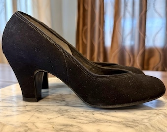 NEW! 1940s VTG Black Suede Leather Rockabilly Swing Dance Shoes Pumps 2.5" Heels