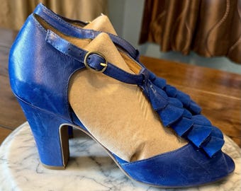 NEW! Miz Mooz Blue Leather Retro Vintage Vibe Sailor T-Strap Ruffle Heels Sz 8