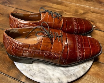 VTG Stacy Adams 23676 Men Brown Crocodile Embossed Oxford Dress Shoes Sz 10.5 D