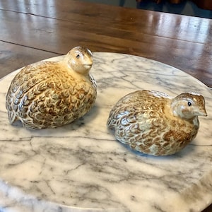 May include: Two ceramic quail figurines featuring a glossy finish with mottled brown and cream feather patterns. Each bird has a rounded body, a small pointed beak, and dark painted eyes, capturing the natural posture of resting game birds.