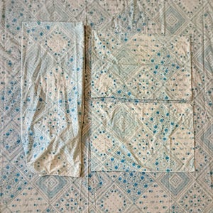 May include: A light blue and white floral patterned bed sheet set. The set includes a flat sheet, two pillowcases, and a fitted sheet. The pattern features small blue flowers and geometric shapes.