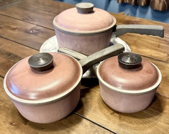 Juego de utensilios de cocina de aluminio de 6 piezas VTG de los años 70, color granate, rojo y marrón, con tapas