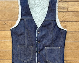 NEW! Vintage 1970s Nelson Sherpa Lined Denim Blue Jeans Vest Brass Snaps Size S