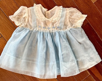 VTG 60s MCM Polka Dot Sheer Blue Floral Embroidery Lace Baby Girl Dress Sz 6-12