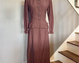 2pc VTG 40s MCM Brown Crepe Suit Rhinestone Button Jacket A-Line Skirt Women S