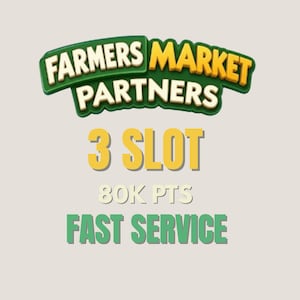 Może przedstawiać: Projekt graficzny z napisem Farmers Market Partners w zielono-żółtym łukowatym logo. Poniżej znajduje się napis 3 SLOT dużymi żółtymi literami, a następnie 80K PTS i zielony napis FAST SERVICE na jasnym tle.