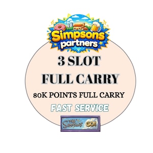 Pode incluir: Um gráfico circular com o logótipo Simpsons partners apresentando um donut, uma casa e uma caneca de cerveja. O texto diz 3 SLOT FULL CARRY, 80K POINTS FULL CARRY, FAST SERVICE e The Simpsons GO! numa moldura retangular roxa sobre fundo pêssego.